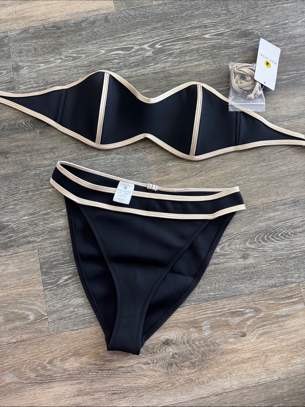 NWT body glove Swim Black Bikini with gold Trim - bandeau and high waist